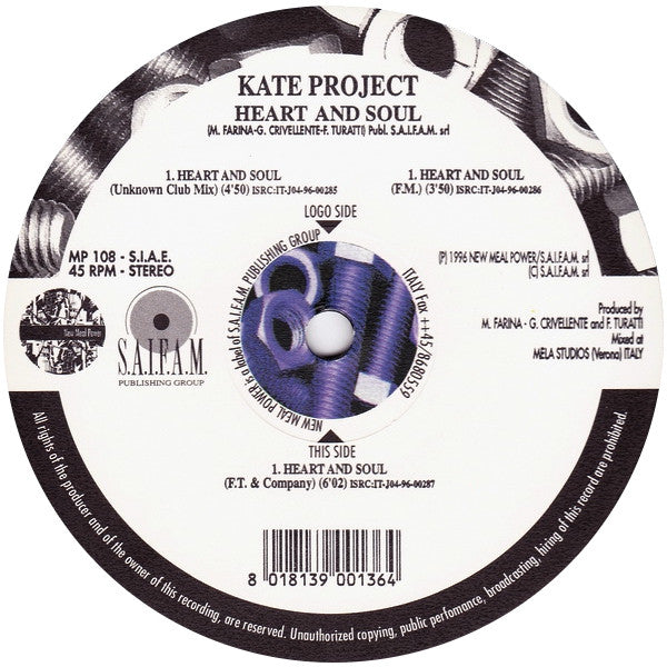 Kate Project - Heart And Soul (12", Single - Italian Import)