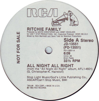 The Ritchie Family - All Night All Right (12" Single, Promo)