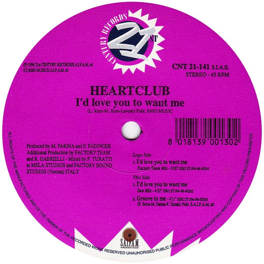 Heartclub - I'd Love You To Want Me (12", Single)