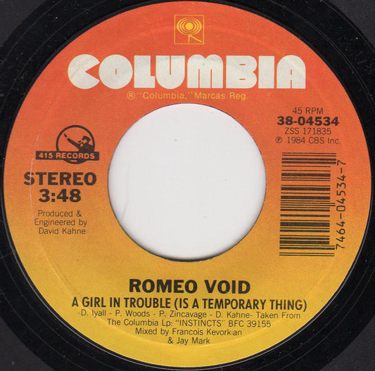 Romeo Void - A Girl In Trouble / Going To Neon (7" Single)