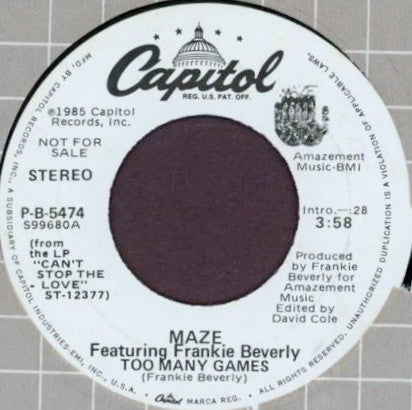 Maze Featuring Frankie Beverly - Too Many Games (7" Single, Promo)